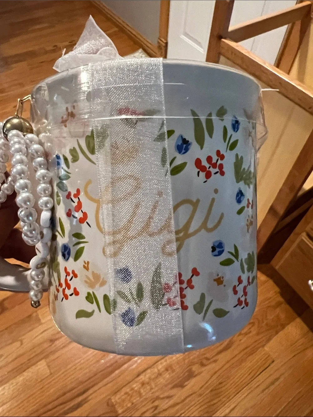 Floral White Ceramic Mug with Gold Script and Ribbon